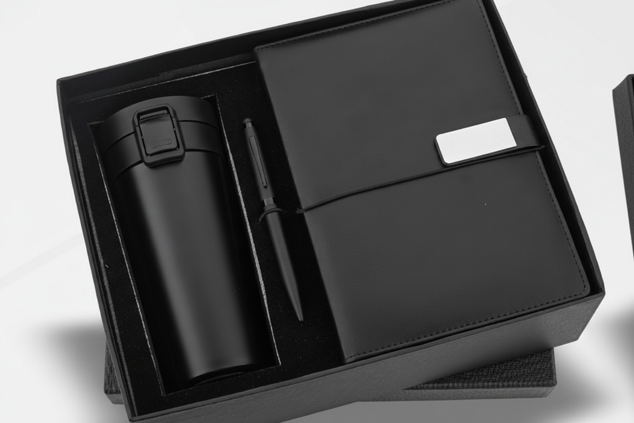 Economical 3-in-1 Black Gift Set – Flask Mug, Diary & Pen Combo