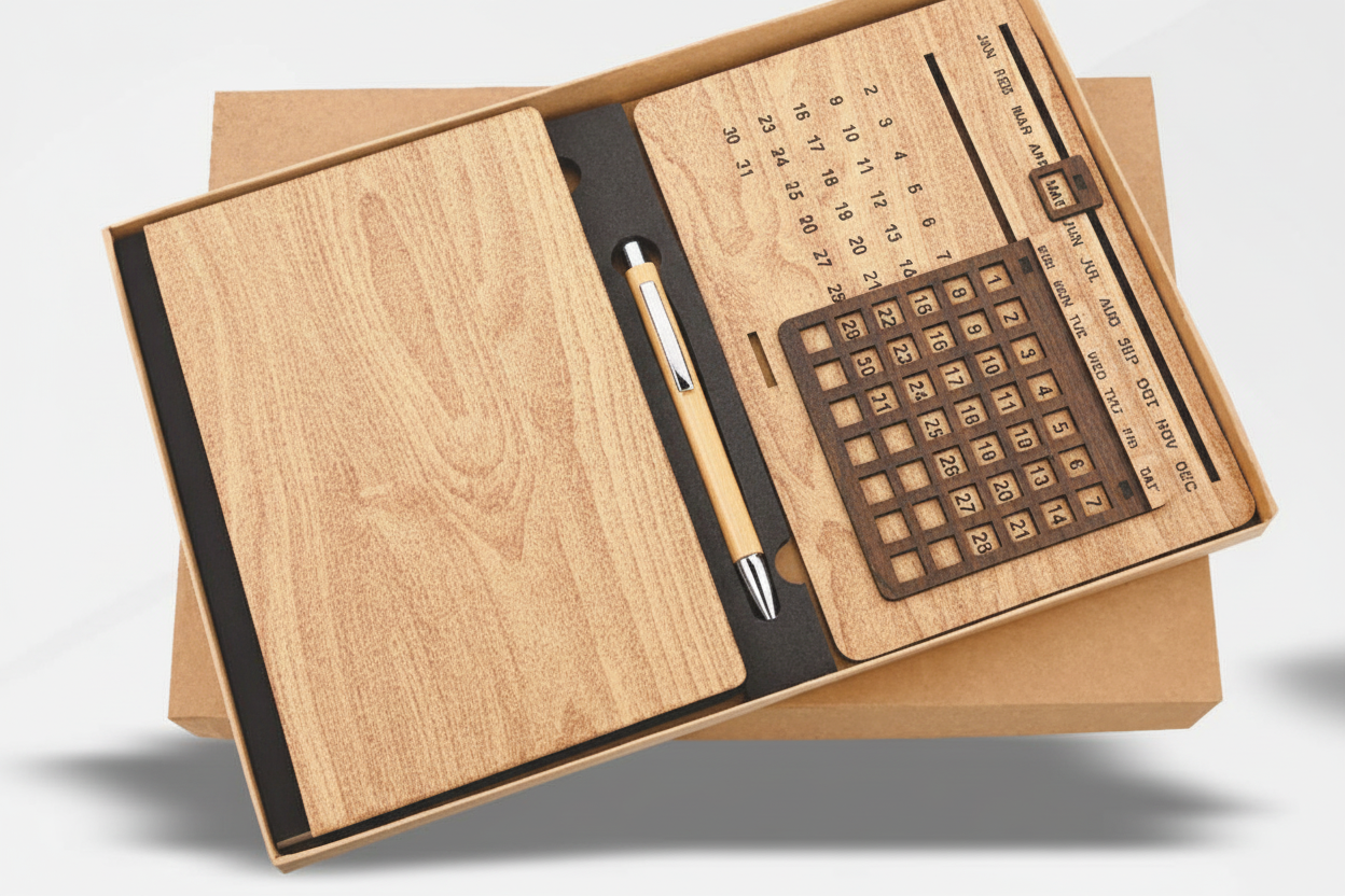 Wooden Diary, Pen & Lifetime Calendar Set – Premium Desk Gift Combo