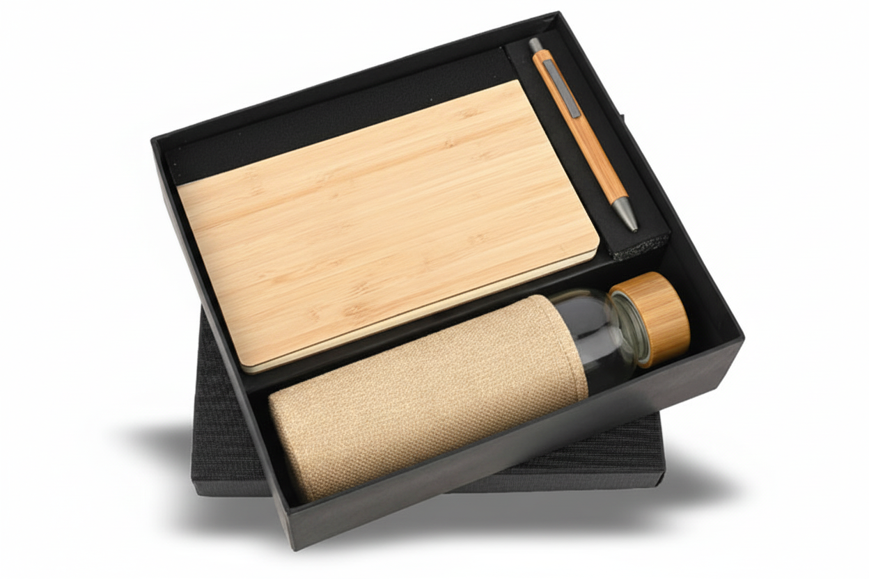 Wooden Diary, Pen & Glass Bottle with Jute Cover – Eco-Friendly Gift Set