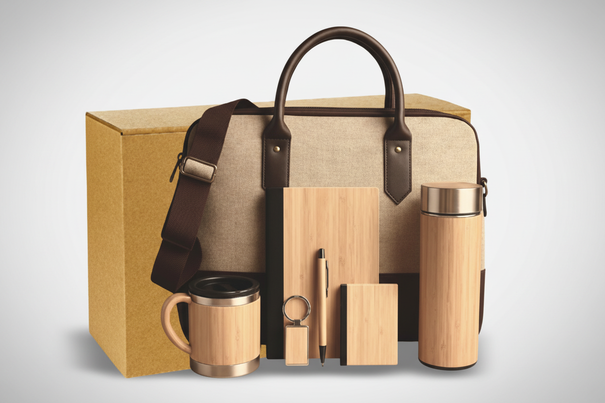 Premium Wooden Gift Set – Bottle, Mug, Diary, Pen, Keychain, Card Holder & Jute Laptop Bag with Box Packing