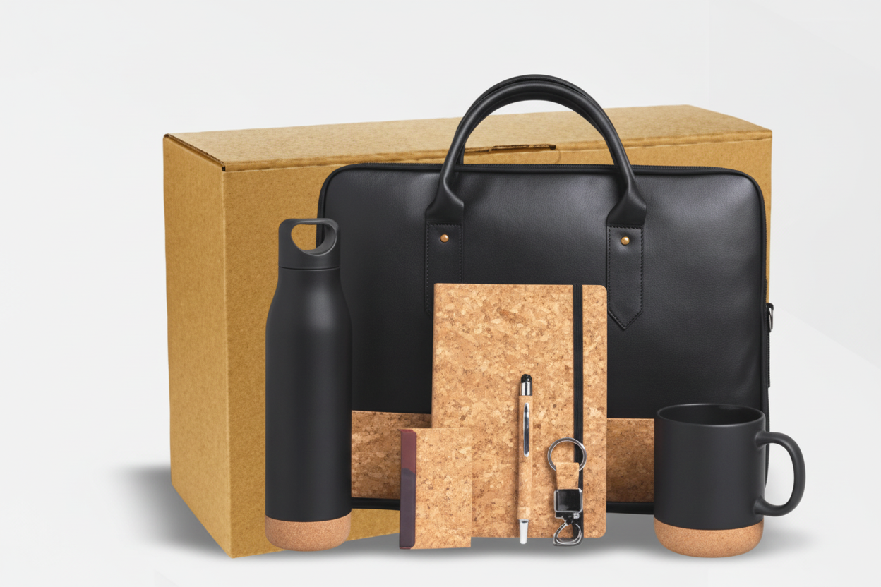 Cork Finish Premium Gift Set – Bottle, Mug, Diary, Pen, Keychain & Cork Laptop Bag with Box Packing