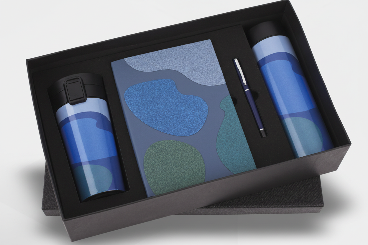 Blue & Tan Abstract 4-in-1 Gift Set – Diary, Pen, Bottle & Mug Combo