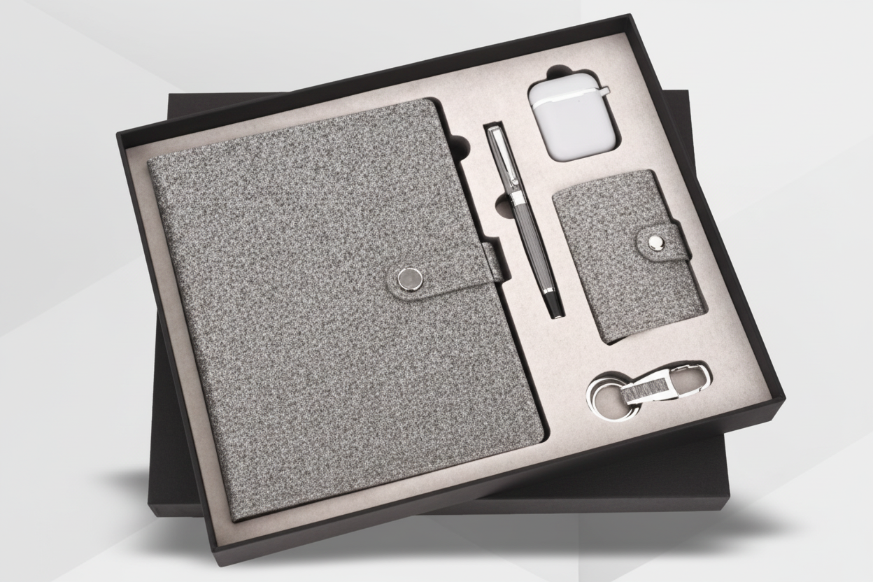 Vibe Executive Gift Set – Grey Diary, Pen, Keychain, Card Holder & Earpods black&grey