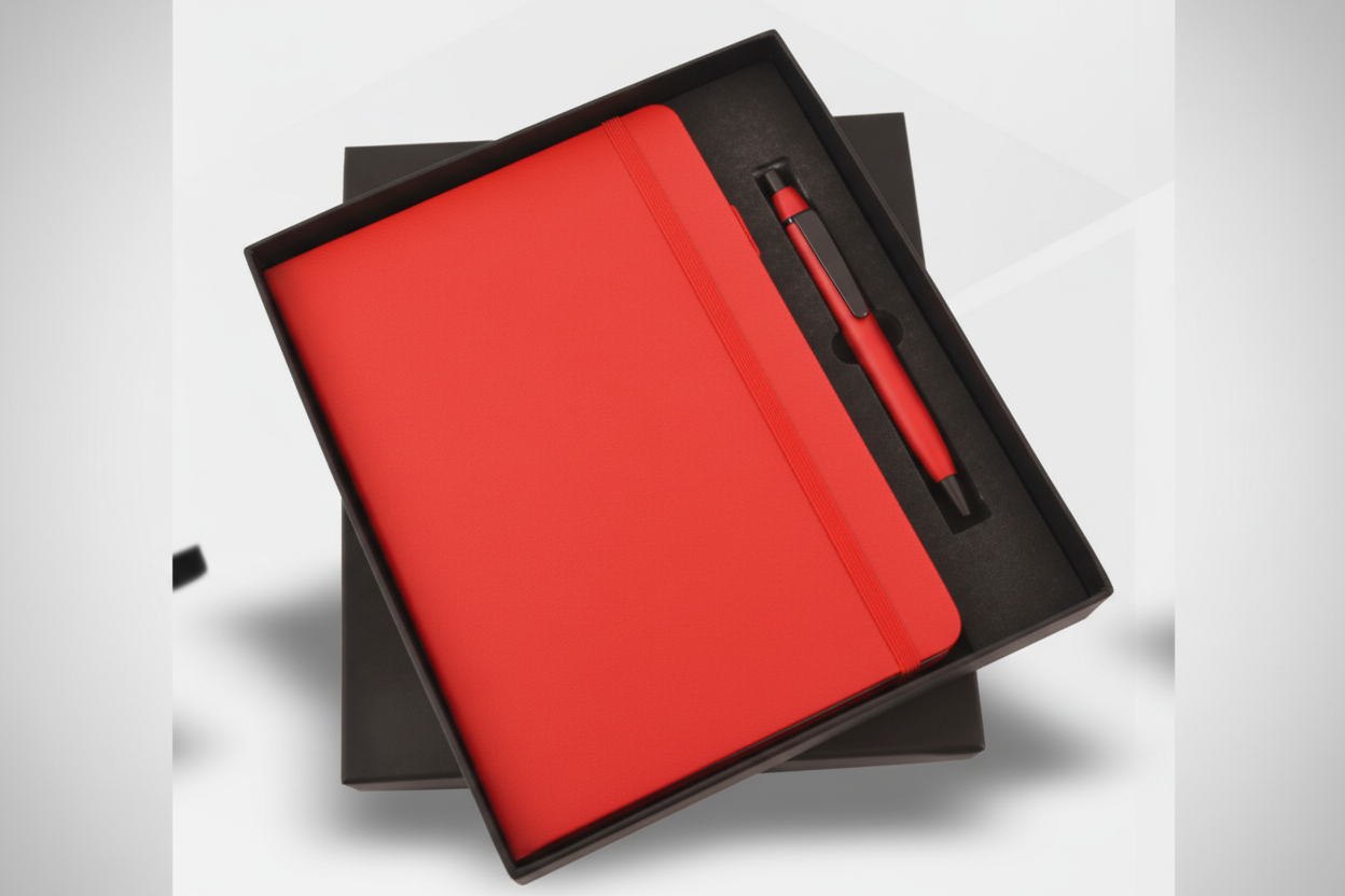 Red and black notebook with a pen on a white background