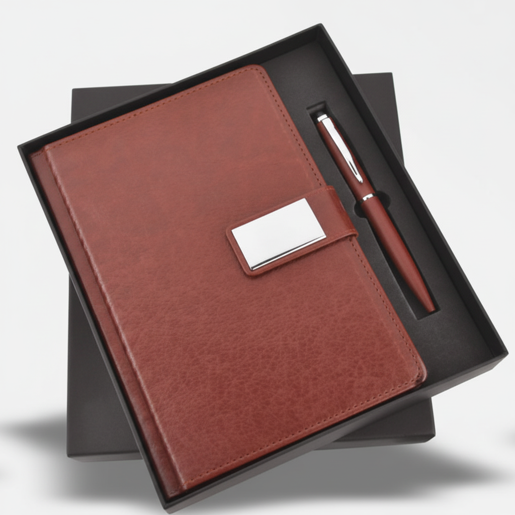 Brown leather folder with a nameplate on a black background