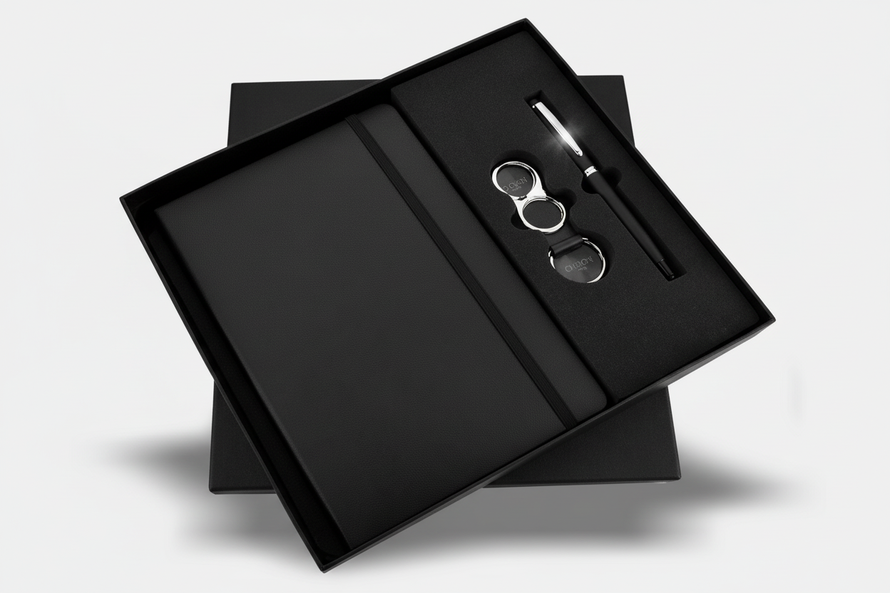 Black Elastic 3-in-1 Combo – A5 Diary, Metal Pen & Keychain Set