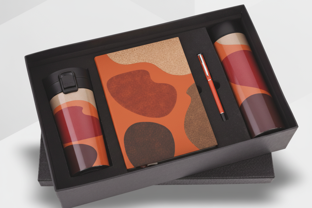 Blue & Tan Abstract 4-in-1 Gift Set – Diary, Pen, Bottle & Mug Combo