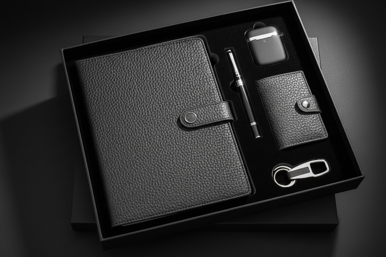 Vibe Executive Gift Set – Grey Diary, Pen, Keychain, Card Holder & Earpods black&grey
