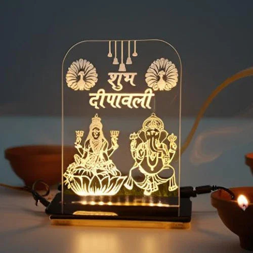 DNYOZ Acrylic Night Lamp Lakshmi Ganesh Warm White Light Frame - Gift With Smile