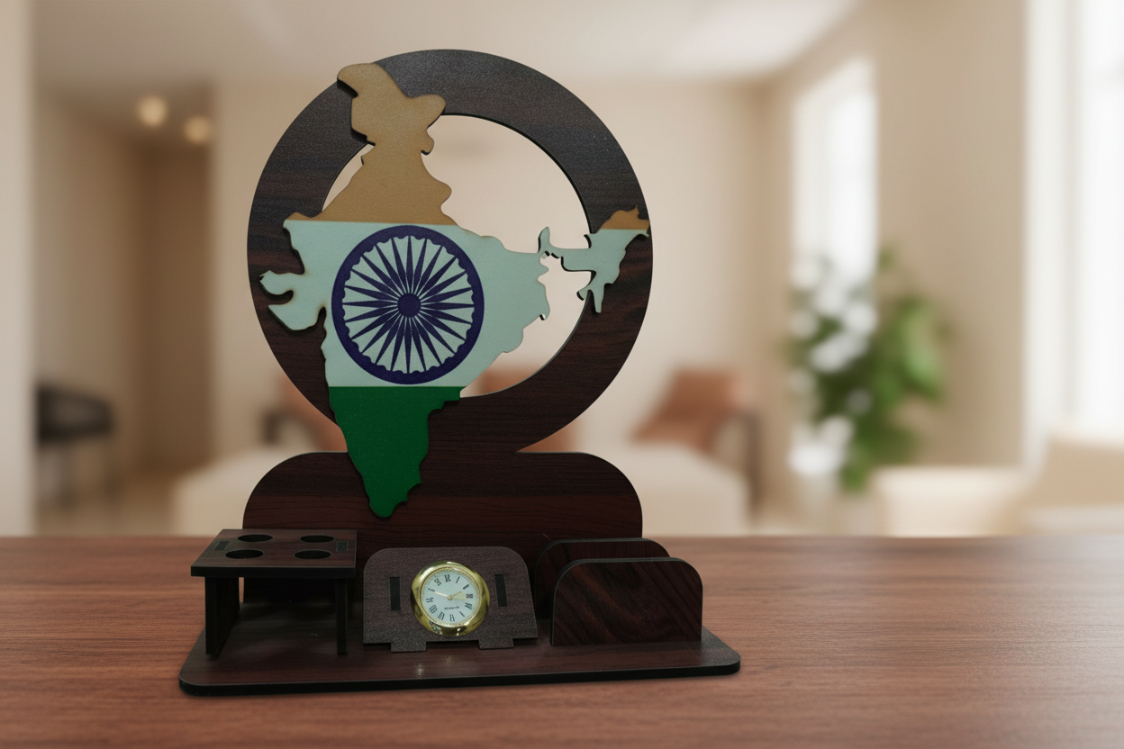Indian Flag MDF Desk Organizer Stand with Pen Holder, Watch Stand & Visiting Card Holder  Wooden Office Table Organizer for Home & Office