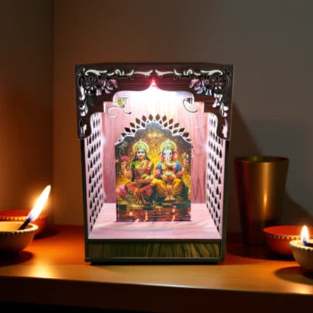 Lakshmi Ganesh Ji Mandir Wooden Lamination MDF With RGB Lights - Gift With Smile