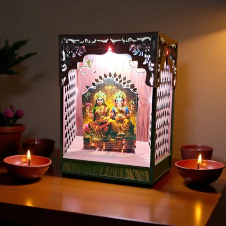 Lakshmi Ganesh Ji Mandir Wooden Lamination MDF With RGB Lights - Gift With Smile