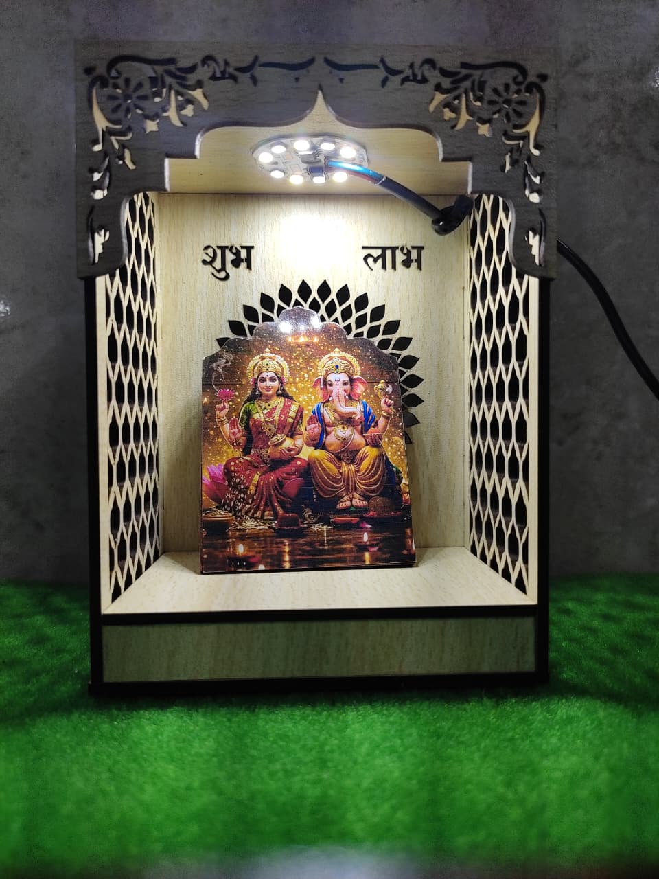 Lakshmi Ganesh Ji White Acrylic Mandir With RGB Lights 5 Inches