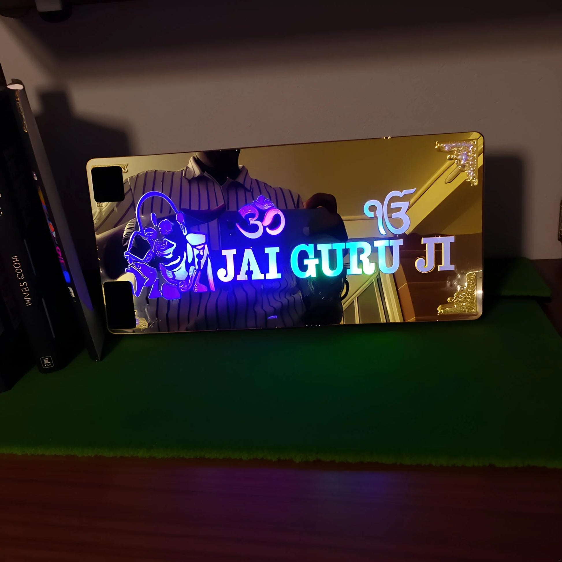 Gold Diwali Gift Item Decorative Light Jai Guru Ji Red Green Blue Light Blinking - Gift With Smile