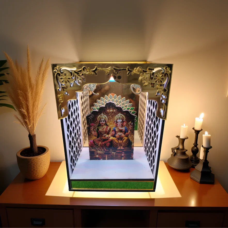 Golden Acrylic Lakshmi Ganesh Ji Mandir With RGB Light - Gift With Smile