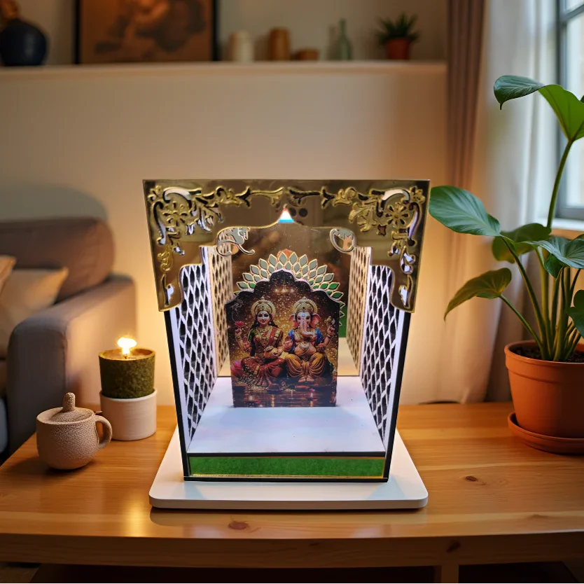 Golden Acrylic Lakshmi Ganesh Ji Mandir With RGB Light - Gift With Smile