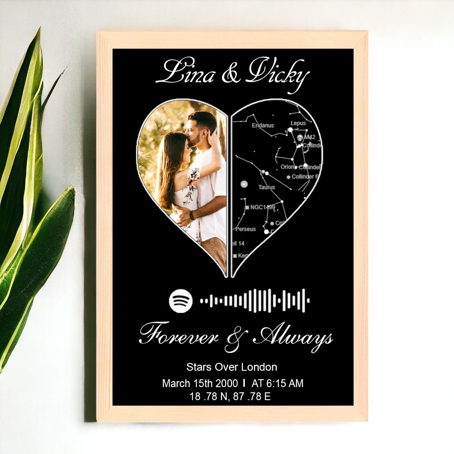 Personalized Unique Heart Star Map With Wood Border